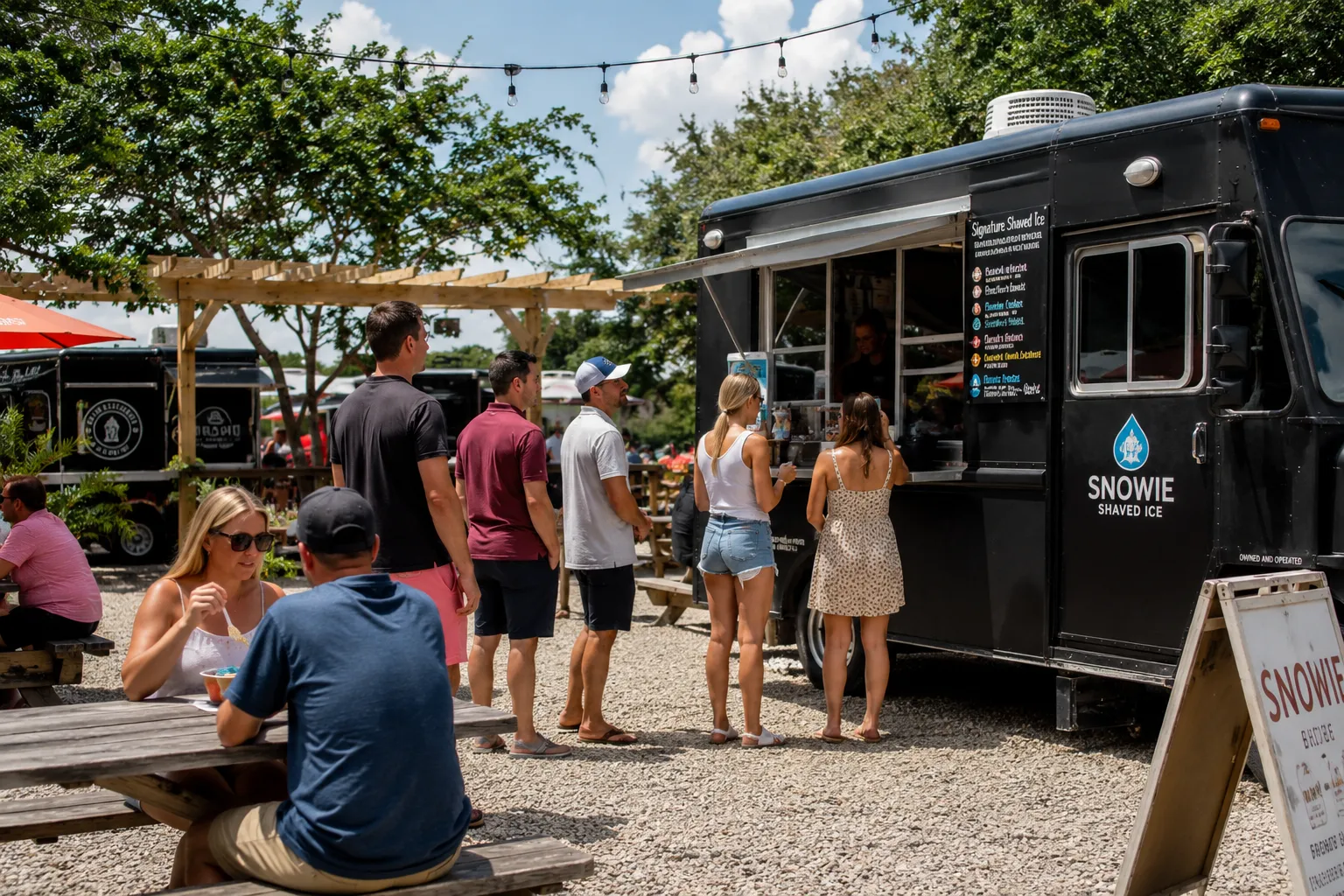 A food-truck owner serving dishes to customers at the window