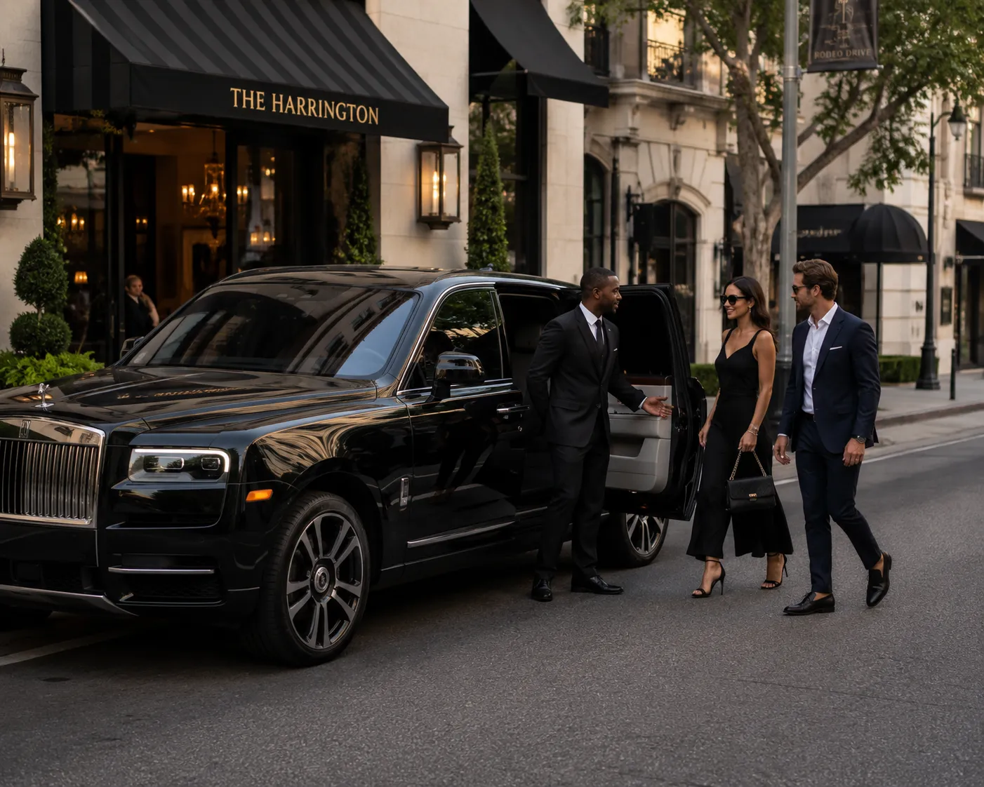 A luxury car-service vehicle and driver at pickup